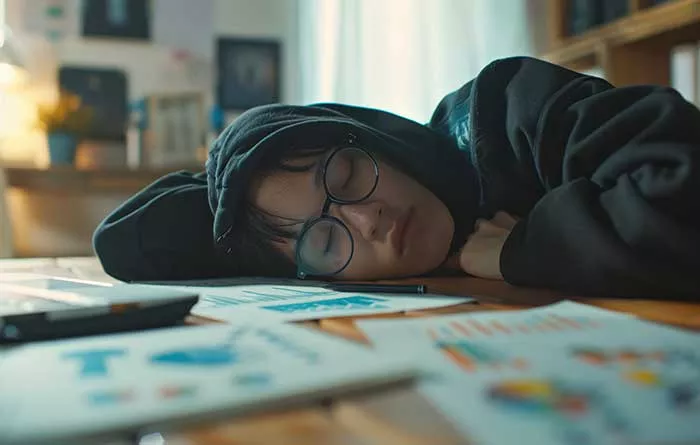 An individual is asleep at a desk, with their head resting on their arms next to a laptop and papers scattered on desk.